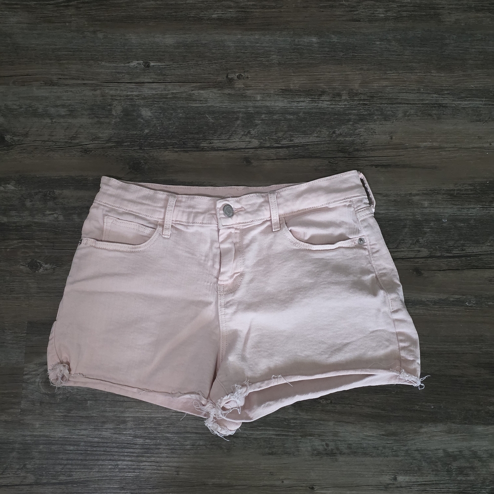Pink Jean Shorts with Frayed Hem and Mid-Rise Fit